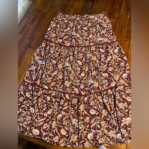 Wonderly Burgundy Floral Tiered Midi Skirt Size M Boho Fall